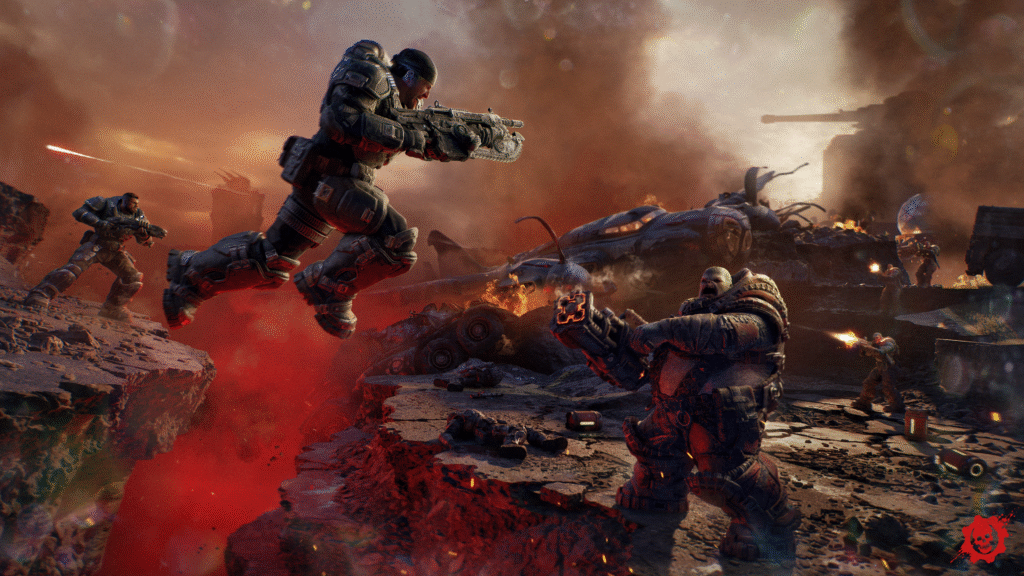 Gears of War: E-Day Marcus Fenix jumoing towards a locust soldier